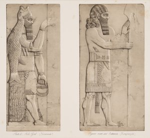 Fish God (Nimroud) och figur nära en entré (Kouyunjik), från Monuments of Nineveh, pub. 1849