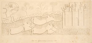 Flyktingar som korsar en flod till ett slott, från Monuments of Nineveh, pub. 1849 av Austen Henry Layard