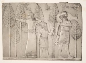 Jägare med gasell, hare och fåglar (Khorsabad), från Monuments of Nineveh, pub. 1849
