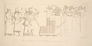 Kungen före ett belägrat slott, väduren som bryter mot väggarna, från Monuments of Nineveh, pub. 1849 av Austen Henry Layard