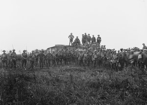 Utomhusgruppporträtt av en stridsvagnsbesättning och några medlemmar av den 5:e australiska infanteribrigaden, 8 augusti 1918 av Australian Photographer