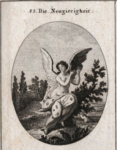 Allegorie de curiosite representerad med ett draperi prickat med öron och ögon. Vingarna förhöjda Gravyr i "" Ikonologi eller idéer från området för passioner och allegorier bildligt representerade för ritare, målare, poeter, forskare, pedagoger och av Austrian School