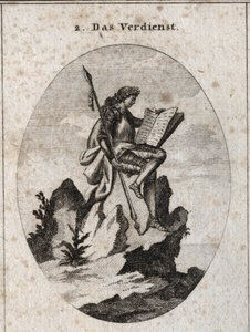 Allegorie du merite representerar på toppen av en klippa brant med vapen och en bok som symboliserar det som ett resultat av hans verk och studier. Gravyr i "" ikonologi eller idéer från området passioner och allegorier avbildade för teckning av Austrian School