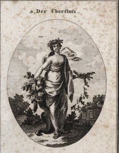 Allegori om överflöd. Vi representerar henne vackra och nådiga. Blommans krona betyder glädjen över hans gåvor. Buketten med öron och de olika grönsakerna som hon håller i sina händer ångrar sig på fötter, markerar överflöd och försummar ekonomin. av Austrian School