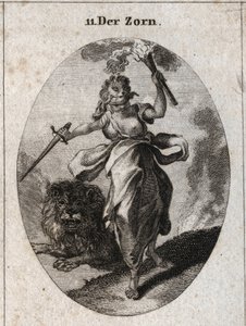 Allegori av ilska representerad i en rastlös attityd, en ögonbindel, ett svärd och en fackla i händerna. Den är klädd med björnskinn och lejonet bakom den är furiosit. Gravyr i "" Iconologie oder Ideen aus dem Gebiete der Leidenschaften und Allegorien av Austrian School