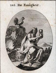 Allegori över närvaro. Hon håller en sandklocka (timglas) och sitter vid foten av en sten omgiven av en murgrönaväxt. Tuppen är dess attribut eftersom närvaro inte existerar utan vaksamhet. Gravyr i "" Iconologie oder Ideen aus dem Gebiete de av Austrian School