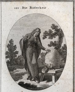 Allegori om bitterhet. Hon ser sorgset på en absyntväxt som grott i en honungskupa. Gravyr i "" ikonologi eller idéer från området passioner och allegorier avbildade för ritare, målare, poeter, forskare, pedagoger och f. av Austrian School