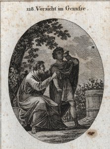 Allegori om försiktighet medan du njuter. En filosof varnar oss för att vinstocken producerar tre sorters druvor: njutningens druvor, fylleriets druvor och vansinne. Gravyr i "" Iconologie oder Ideen aus dem Gebiete der Leidenschaften und All av Austrian School