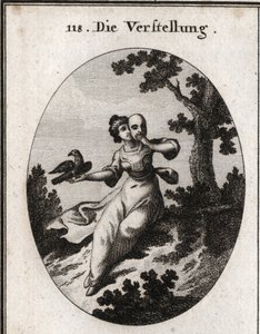 Allegori om döljande. Hon täcker sitt ansikte med en mask, ett falskt emblem. Dess egenskap är en skata, både vit och svart, och dess smekningar blandas med näbbar. Gravyr i "" Iconologie oder Ideen aus dem Gebiete der Leidenschaften und Allegorien av Austrian School