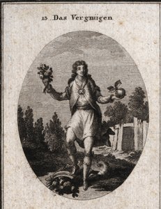 Allegori om belåtenhet representerad av en ung man som håller ett gyllene äpple med ena handen och en bukett blommor på den andra. De visar att allt som omger honom deltar i hans glädje, som symboliseras av rubinen som strålar på hans bröst. Dess av Austrian School