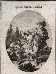 Allegori om kontinens, heroisk dygd representerad som en krigare med en hjälm och ett spjut vänt mot jorden. Hon undviker att bekämpa passioner (representerade av kärlek) och försvarar sig från deras egenskaper för att bevara sin kyskhet. Gravyr i "" Icono av Austrian School