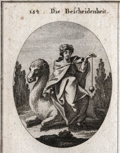Allegori om diskretion. Det lod hon håller vinkelrätt är attributet för korrekthet. Hon sitter på en kamel på knä för att underlätta hennes färd. Gravyr i "" ikonologi eller idéer från området passioner och allegorier avbildade för av Austrian School