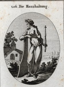 Allegori om ekonomi. Den är krönt med en olivkvist som symboliserar fred. Den lutar sig mot ett roder och håller en spira och kompas, maktemblem och den exakta regeringen. Gravyr i "" Iconologie oder Ideen aus dem Gebiete der Leidenschaften und Allego av Austrian School