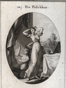 Allegori om falskhet. Hennes emblem är en siren som tittar på sig själv i en spegel. Gravyr i "" ikonologi eller idéer från området passioner och allegorier avbildade för tecknare, målare, poeter, forskare, lärare och vänner till Higher G av Austrian School
