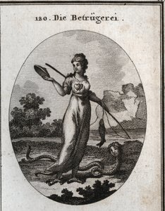 Allegori om bedrägeri representerad med ett dubbelt hjärta och med en mask. Hon håller ett metspö som bet i en fisk. Hennes ben slutar i gamklor och hon har en skorpionsvans. Hans egenskap är en orm med ett mänskligt ansikte. Gravyr i "" Iconologie oder Id av Austrian School