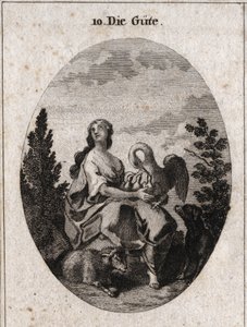 Allegori om godhet representerad av en ädel och riklig skönhet som tittar på himlen med kärlek. Pelican symboliserar välgörenhet, hundtrohet och lamm, sötma. Gravyr i "" ikonologi eller idéer från området passioner och allegorier bildligt representerade av Austrian School