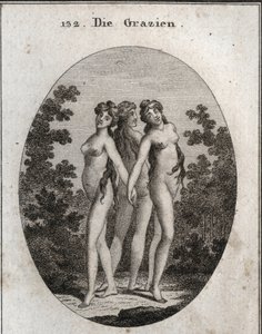 Allegory of Graces. De tre nåderna: Euphrosine som betecknar allegress och belåtenhet, Aglaya som symboliserar imponerande skönhet och Thalia-glädje. Gravyr i "" ikonologi eller idéer från området passioner och allegorier avbildade för Ze av Austrian School