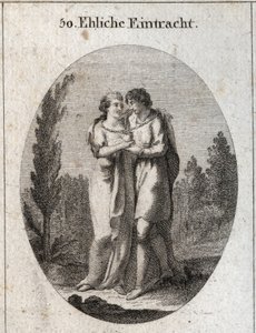 Allegori om harmoni i äktenskapet. Ett par kyssar, en guldkedja hänger runt halsen och ett hjärta som de stödjer var och en med en hand. Gravyr i "" ikonologi eller idéer från området passioner och allegorier avbildade för teckning av Austrian School