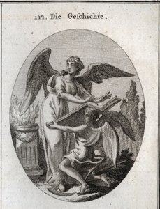 Allegori över historien. Hans handlingar att lyssna och skriva på en fantastisk bok som stöds av tiden innebär handlingen att bli informerad om att omskriva minnet av tidigare saker. Gravyr i "" Iconologie oder Ideen aus dem Gebiete der Leidenschaften und  av Austrian School