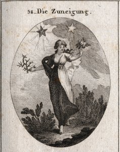 Allegori över lutningen. Hon håller i en bukett rosor och en bukett taggar och ser obeslutsam ut i sitt val. Bakom den finns en ljus och välgörande stjärna (den av jupiter) och en mörk och skadlig stjärna (den av Saturnus). Gravyr i "" Iconologie eller Ide av Austrian School