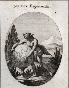 Allegori av intresse med vargskinn. Han klämmer en jordglob. Detta emblem betyder att girighet är intresserade människors egen. Gravyr i "" ikonologi eller idéer från passionernas och allegoriernas rike för Zeichner, Mahler, Dic av Austrian School