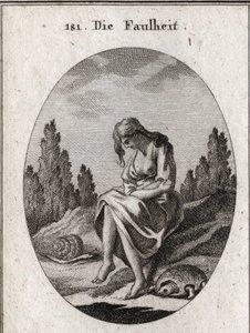 Allegori om lättja. Hon håller armarna i kors. Hans egenskap är en sköldpadda och en snigel. Gravyr i "" ikonologi eller idéer från området passioner och allegorier avbildade för ritare, målare, poeter, forskare, pedagoger och fr. av Austrian School