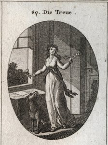 Allegori om lojalitet vars symboler är nyckeln, sigillen och hunden. Gravyr i "" ikonologi eller idéer från området passioner och allegorier avbildade för ritare, målare, poeter, forskare, lärare och vänner av högre smak av Austrian School