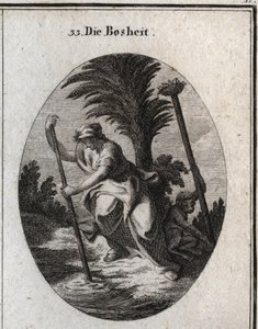 Allegori över malignitet. Hon håller i en pinne att hon stör vattnet i dammen. Apan, dess attribut tar bort en påle för att få ner fågelboet som är på toppen. Gravyr i "" Iconologie oder Ideen aus dem Gebiete der Leidenschafte av Austrian School