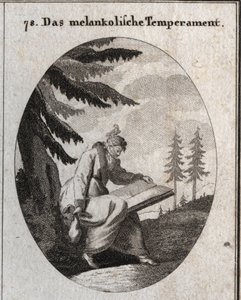Allegori om melankolisk hy. Han håller en bok och en handväska, och hans mun är stängd med en ögonbindel. En fågel sitter på hans huvud. Gravyr i "" ikonologi eller idéer från området passioner och allegorier avbildade för ritare, Mah av Austrian School