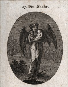 Allegori om natten representerad med fladdermusvingar (fladdermus). Hon håller två barn sova, ett vitt och det andra svart (dröm och mardröm). Gravyr i "" ikonologi eller idéer från området passioner och allegorier avbildade för ritare av Austrian School