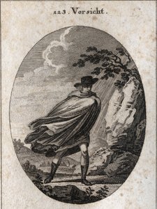 Allegory of Providence. Uttryck: När det är fint väder, ta din kappa, när det regnar, ta den, om du vill. Gravyr i "" ikonologi eller idéer från området passioner och allegorier avbildade för ritare, målare, poeter, ge av Austrian School