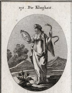 Allegori om försiktighet, dess vanliga attribut är spegeln och ormen. Hon har två ansikten, en ung person för att förvänta sig framtiden och en gammal för att ta hänsyn till det förflutna. Gravyr i "" Iconologie oder Ideen aus dem Gebiete der Lei av Austrian School