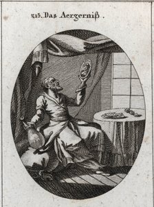 Allegori om skandal. Han håller med ena handen en flaska och på den andra ett porträtt av en ung kvinna och nära ett bord där man spelar kort och spel. Gravyr i "" ikonologi eller idéer från fältet passioner och allegorier bildligt avbildade av Austrian School
