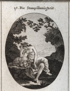 Allegori om dumhet. Den lutar sig mot ett får, naturligt dumt djur. Gravyr i "" ikonologi eller idéer från området passioner och allegorier avbildade för ritare, målare, poeter, forskare, utbildare och vänner av det högre samhället av Austrian School