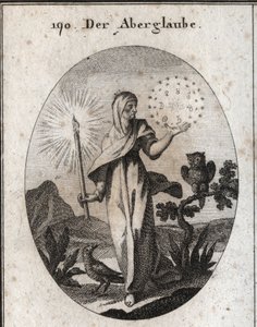 Allegori om vidskepelse. Hon håller ett levande ljus och en cirkel av stjärnor som omger tecknen på de sju planeterna som hon anser vara oroliga. Dess egenskaper är ugglan och kråkan. Gravyr i "" Iconologie oder Ideen aus dem Gebiete der Lei av Austrian School