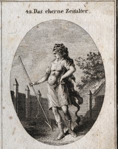 Allegory of the Copper Age representerar som en vaktpost nära ett staket i en stolt attityd vapen av en korselett och ett spjut och mössa av ett lejonskinn. Gravering i "" ikonologi eller idéer från området för passioner och allegorier bildligt avbildade f av Austrian School