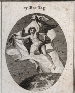 Allegori om dagen som flyger snabbt och gömmer natten och stjärnorna med hjälp av en ljus stor slöja. Gravyr i "" ikonologi eller idéer från området passioner och allegorier avbildade för ritare, målare, poeter, forskare, pedagoger, etc. av Austrian School