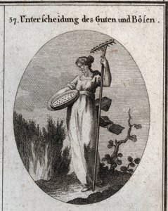 Allegori om skillnaden mellan bra och dåliga. Silen skiljer det goda säden från agnarna och krattan används för att ta bort ogräs. Gravyr i "" ikonologi eller idéer från området passioner och allegorier avbildade för teckningar av Austrian School