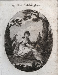 Allegori över fogligheten. Hans egenskaper är parakiten och den lilla hunden på grund av deras lydnad och önskan att behaga. Gravyr i "" ikonologi eller idéer från området passioner och allegorier avbildade för ritare, målare, av Austrian School