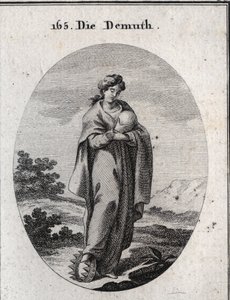 Allegori om ödmjukheten. Under hans fot en krona av guld berikad med ädelstenar. Hon dedain anser en boll som representerar jorden som hon saknar storheten. Gravyr i "" Iconologie oder Ideen aus dem Gebiete der Leidenschaften und Alleg av Austrian School