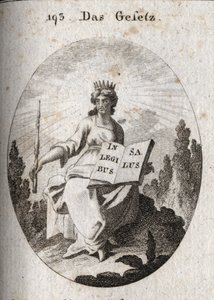 Allegori av lagen. Hans strålande diadem markerar hans gudomliga ursprung. Sceptern betecknar dess auktoritet och boken är öppen eller inskriven "" In Legibus Salus" betyder att den utlovar en belöning till dem som lyder den. Gravyr i "" Iconologie oder Id av Austrian School
