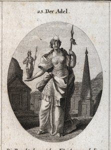 Allegori över adeln. Stjärnan betyder höjning av känslor. Statyn av Minerva och spjutet markerar att den kan förvärva meriter inom vetenskap och vapen. Gravyr i "" Iconologie oder Ideen aus dem Gebiete der Leidenschaften und Allegorien bild av Austrian School