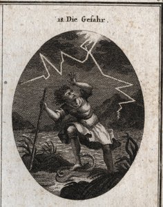 Allegori om faran representerad av en ung man som flyr från en snabb ström genom att sätta sin fot på en orm som sticker honom och samtidigt slog en åska bakom honom. Gravyr i "" Iconologie oder Ideen aus dem Gebiete der Leidenschaften und Allego av Austrian School