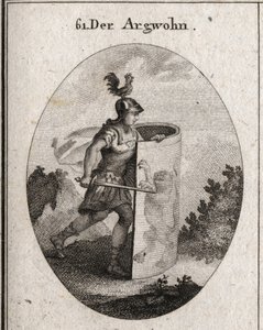 Allegori av misstanken skär bakom en sköld på vilken står ett lejon, symbol för misstanken enligt Aristoteles, och en tupp på hjälmen som representerar vaksamhet. Gravyr i "" Iconologie oder Ideen aus dem Gebiete der Leidenschaften und Alleg av Austrian School