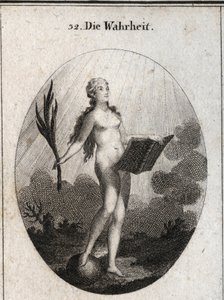 Allegori om sanningen representerade naken utan konstgjordhet och naturliga blickar på solens ljus. Handflatan symboliserar bedrägeriets triumf och boken representerar studier. Gravyr i "" Iconologie oder Ideen aus dem Gebiete der Leidenschaften und Allego av Austrian School