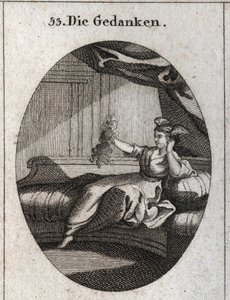 Allegori över tankar representerade med vingar i huvudet och hålla i en massa trådar emmeles bild av pinsamheten som de olika tankarna ger. Gravyr i "" Iconologie oder Ideen aus dem Gebiete der Leidenschaften und Allegorien bildich darges av Austrian School