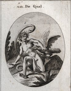 Allegori om plåga. Hennes huvud omgivet av törnen betyder sinnets plågor. Ormen säger att rädslan för faran gör den mer formidabel. En gam äter hans hjärta. Gravyr i "" Iconologie oder Ideen aus dem Gebiete der Leidenschaften und Allego av Austrian School