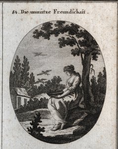 Allegori om värdelösa vänskaper som håller ett bo som låter svalor flyga iväg. Gravyr i "" ikonologi eller idéer från området passioner och allegorier avbildade för ritare, målare, poeter, forskare, pedagoger och vänner till högre personer av Austrian School