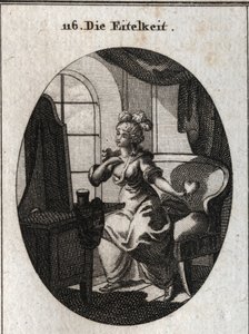 Allegori om fåfänga. I lust att behaga och bli beaktad, är hon representerad framför sin toalett och smickrar sig själv framför spegeln med ett hjärta i handen. Gravyr i "" Iconologie oder Ideen aus dem Gebiete der Leidenschaften und Allegorien av Austrian School
