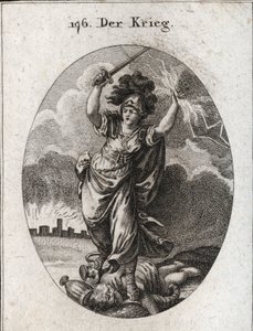 Allegori om krig. Hon håller en blixt och ett nakensvärd och bryter under fötterna guld- och silvervaser och en staty av guden Plutus som symboliseras av ett överflödshorn och en ögonbindel. Längst ner murarna i en ruinstad. Gravyr i "" Ic av Austrian School
